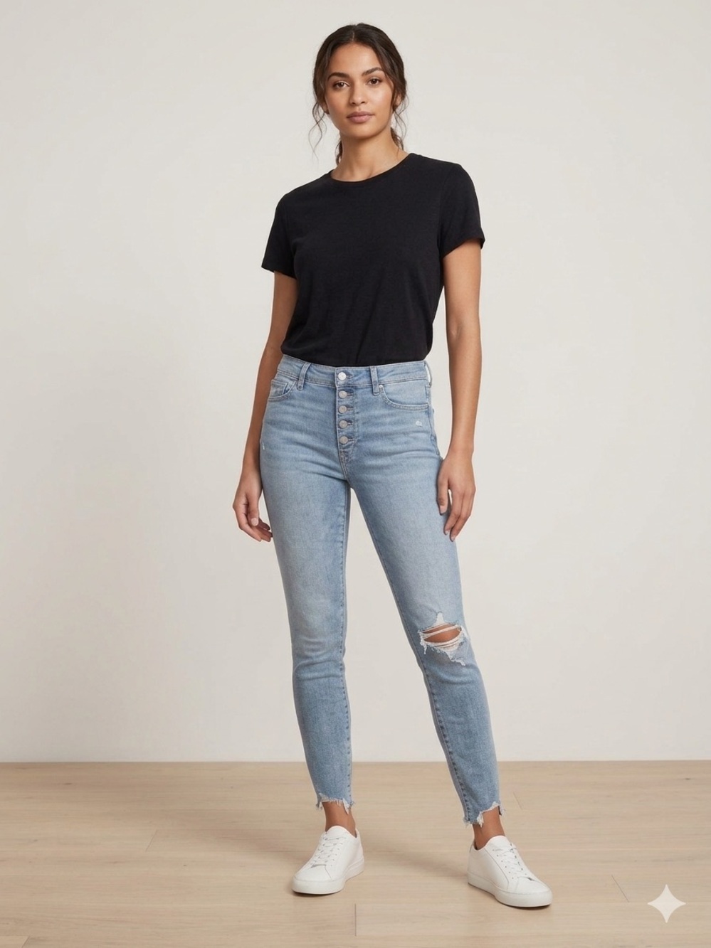 PAIGE High-Rise Light Blue Button-Fly Distressed Skinny Jeans